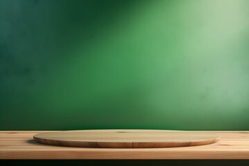 Empty Wooden Table Against Green Gradient Light Shine Wall Background