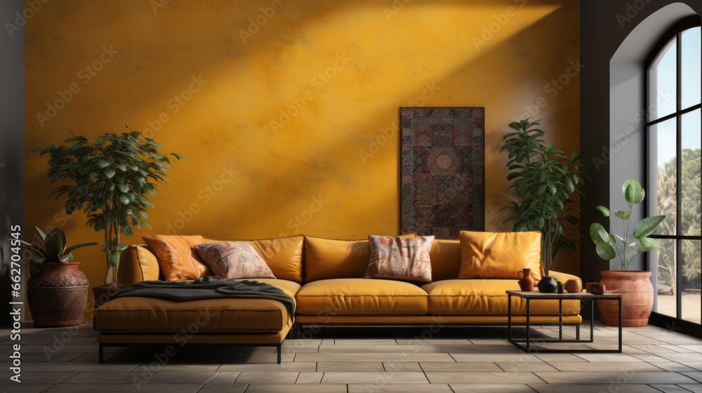 Wall mural yellow leather corner sofa against terracotta stucco wall with copy space. loft style home interior 