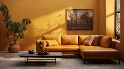 Yellow leather corner sofa against terracotta stucco wall with copy space. Loft style home interior design of modern living room.