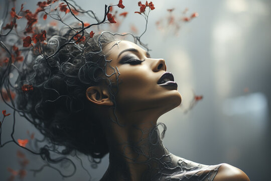 Female with empty tree branches sprouting from her head, symbolizing a metaphor for introspection and renewal during challenging times. Ai generated