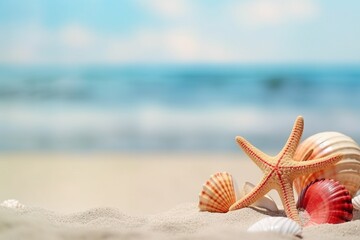 Fototapeta na wymiar Seashells, Red Starfish, and Palm Leaf on White Sand with Blurred Beach Ocean Sea Background