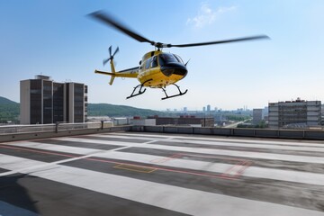 helicopter taking off from a buildings rooftop helipad - obrazy, fototapety, plakaty