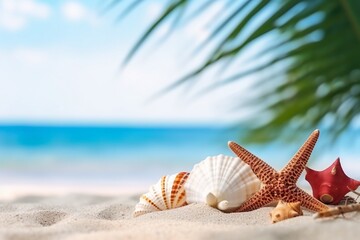 Fototapeta na wymiar Seashells, Red Starfish, and Palm Leaf on White Sand with Blurred Beach Ocean Sea Background
