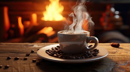 Fototapeta premium A cozy scene with a coffee mug ultra realistic illustration - Generative AI.