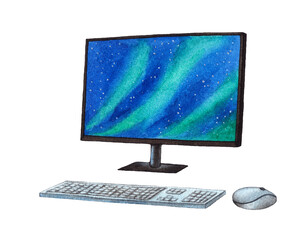 Watercolor computer monitor with mouse and keyboard isolated on white.