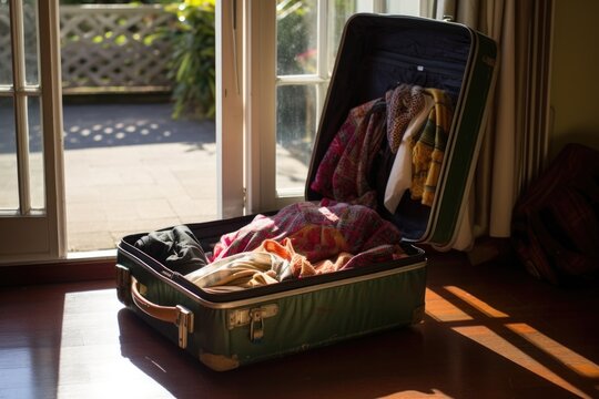 Packed Suitcase Next To An Open Front Door