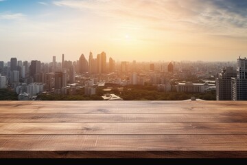 Wood Table Top with City Building Skyline in the Background - obrazy, fototapety, plakaty
