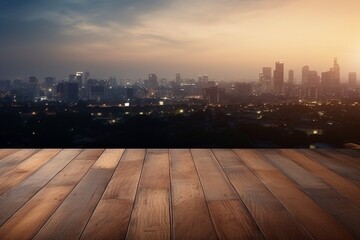 Wood Table Top with City Building Skyline in the Background