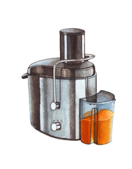 Watercolor juicer with orange juice isolated on white.