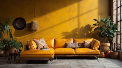Yellow leather corner sofa against terracotta stucco wall with copy space. Loft style home interior...