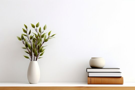 Bookshelf with Vase on Wooden Table and White Wall