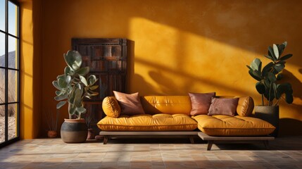 Yellow leather corner sofa against terracotta stucco wall with copy space. Loft style home interior design of modern living room.