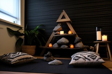 a calming meditation corner with a yoga mat, candles, and zen rocks