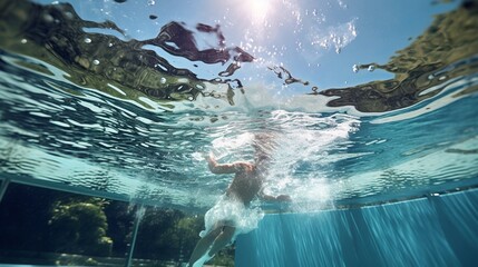 A high-definition photograph showcasing a professional swimmer's smooth, rhythmic stroke as they complete a lap in the pool, with the clear water - obrazy, fototapety, plakaty