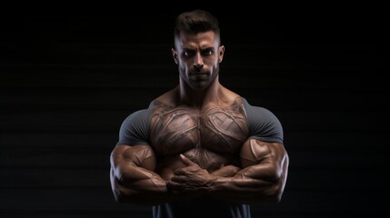 Fototapeta na wymiar A high-definition photograph showcasing a bodybuilder's dedication and hard work, with the dark solid background serving as a canvas that spotlights their physical prowess and determination