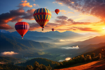 Naklejka premium Vivid scene of hot air balloons gracefully drifting through the sky, set against a stunning mountain landscape. Ai generated