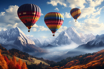 Fototapeta premium Vivid scene of hot air balloons gracefully drifting through the sky, set against a stunning mountain landscape. Ai generated
