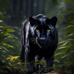 Naklejka na ściany i meble Black panther with impressive look in the forest.