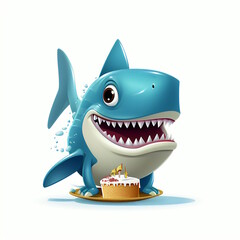 Shark with Birthday Cake of Cartoon Character Isolated on White Background.