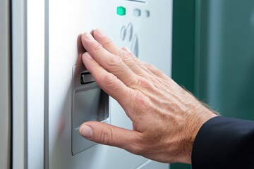 Naklejka premium hand touching braille on an atm machine
