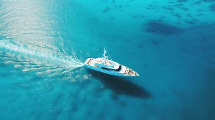 Aerial drone view of a luxury yacht on the sea in the Caribbean - obrazy, fototapety, plakaty