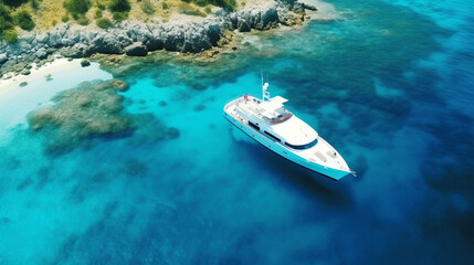 Naklejka premium Aerial drone view of a luxury yacht on the sea in the Caribbean