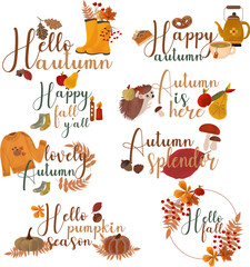 Vector autumn set of labels and handwritten phrases. Sticker pack for instagram with transparent background. Hello autumn, hello fall, happy autumn, autumn is here, happy autumn y'all, lovely autumn,