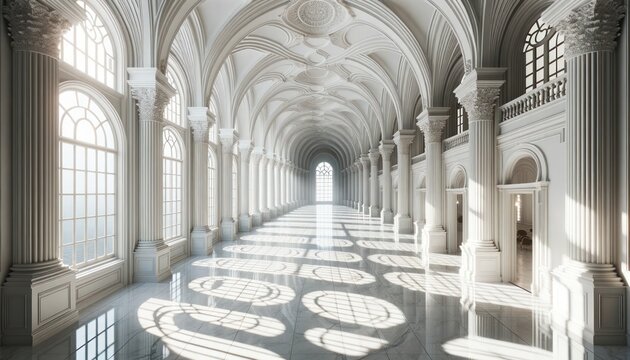 A grand arcade of symmetry, where columns and arches vault towards the heavens, enveloped in the majestic architecture of a stately building, reminiscent of a sacred church