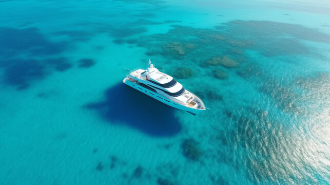 Aerial drone view of a luxury yacht on the sea in the Caribbean