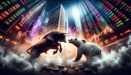 Captured in a chaotic stillness, the savage clash between a mighty bear and fierce bull echoes through the concrete jungle, a primal battle of strength and dominance amidst the urban landscape