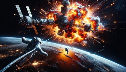 A lone astronaut, surrounded by the vast expanse of the universe, watches helplessly as their spacecraft explodes in a fiery display of chaos and destruction