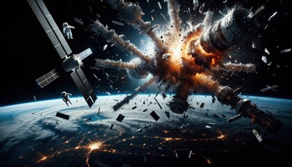 Amidst the vast expanse of the cosmos, a fiery chaos erupts as a screenshot captures the final moments of a doomed space station and its spacecraft, a haunting reminder of the fragility of life in th - obrazy, fototapety, plakaty