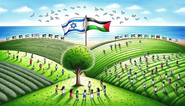 A colorful congregation united under the open sky, their hands intertwined in a bond of strength and hope, surrounded by the endless green of nature and the fluttering symbols of unity