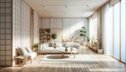 An indoor oasis filled with crisp white furniture, lush plants, and shoji screens, this hotel living room exudes a sense of tranquility and sophistication amidst its polished flooring, towering windo