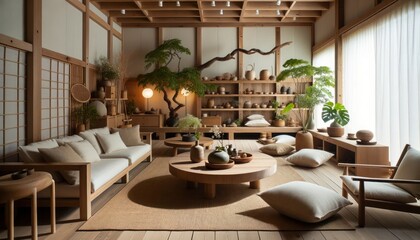 Fototapeta premium A cozy indoor den, adorned with a lush houseplant and a shoji screen window, is filled with furniture including a couch, loveseat, and armrest, all centered around a table adorned with a vase of flow