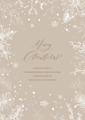 Merry Christmas and Happy New year greeting card. Hand drawn sketch winter postcard. Trendy holiday festive design background for invitations, certificate, social media templates