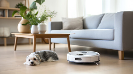 robot vacuum cleaner close-up against a background of white scandi interior