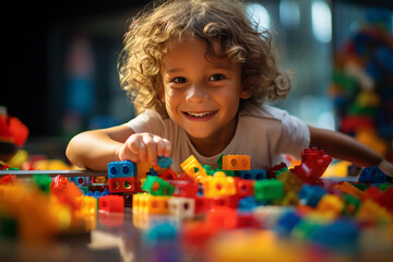 Joyous moment of a kid engrossed in play, creating a world of wonder with vibrant and colorful pieces. Ai generated