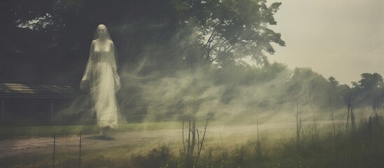 Ghostly woman in a blurry dress floating on a rural path Edited with grungy vintage texture With copyspace for text - obrazy, fototapety, plakaty