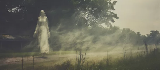 Foto op Plexiglas Ghostly woman in a blurry dress floating on a rural path Edited with grungy vintage texture With copyspace for text © 2rogan