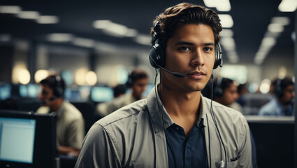 Fototapeta premium Young male technical support dispatcher in call center