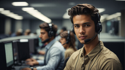 Young male technical support dispatcher in call center - obrazy, fototapety, plakaty
