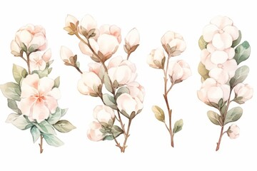Cotton flowers hand drawn watercolor illustration.