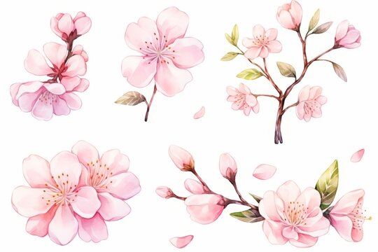 Branch of cherry blossom hand drawn watercolor illustration.