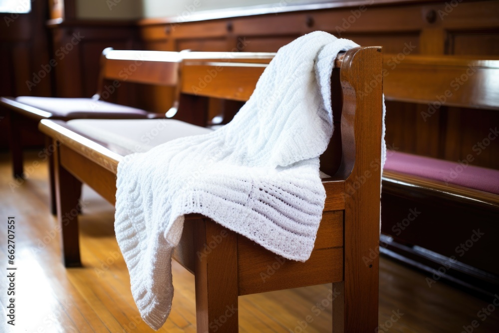 Poster white prayer shawl draped over an empty synagogue chair