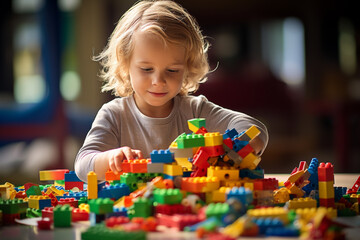 Joyous moment of a kid engrossed in play, creating a world of wonder with vibrant and colorful lego pieces. Ai generated