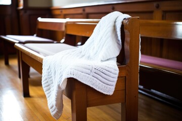 white prayer shawl draped over an empty synagogue chair - obrazy, fototapety, plakaty