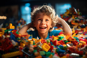 Joyous moment of a kid engrossed in play, creating a world of wonder with vibrant and colorful lego pieces. Ai generated - obrazy, fototapety, plakaty