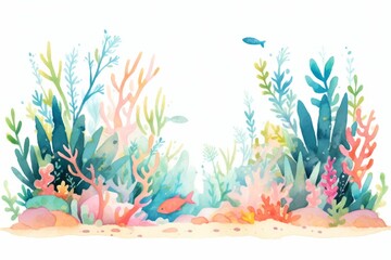 Seaweed on a seabed landscape hand painted watercolor illustration.