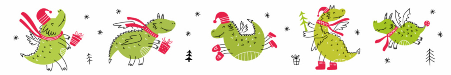 Vector horizontal collection of cute Christmas dragons, hand-drawn in doodle style.